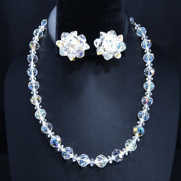 Vintage AB Crystal Beaded Necklace & Clip Earring Set - Picture 4 of 10